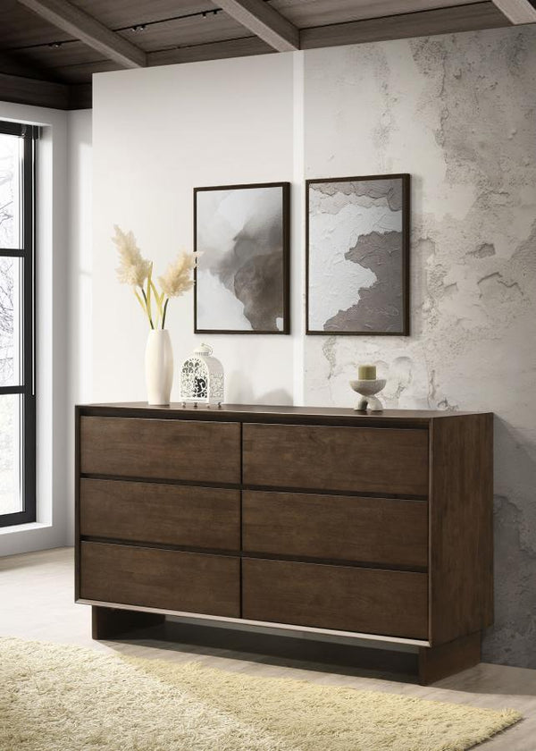  this modern six-drawer dresser is the perfect accompaniment in your bedroom. A warm brown wood grain finish is handsome and restrained