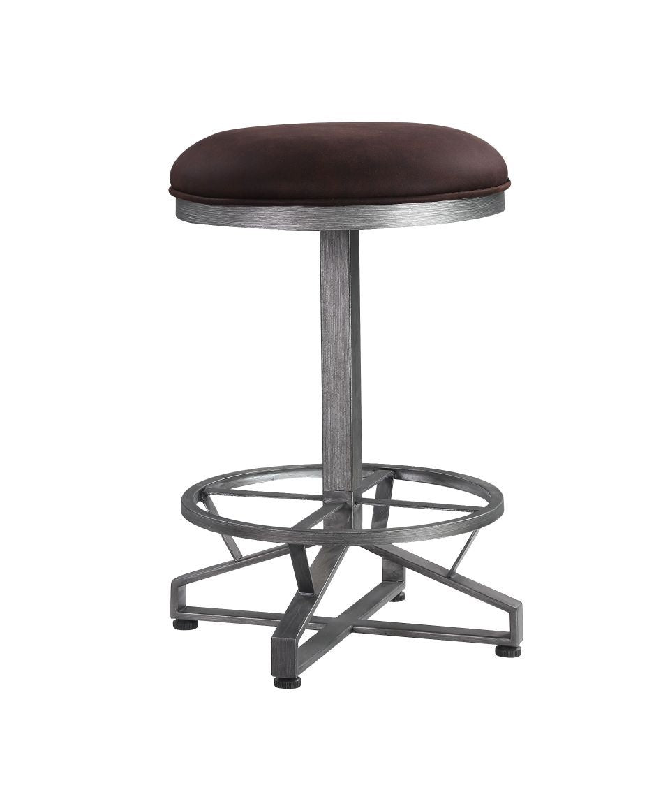 Seating is essential to your dining room dÃ©cor. This versatile stool will bring in industrial home bar design into your space. It offers a round seat cushion with rustic brown upholstery for a great texture and feel. Metal cross base with footrest gives 