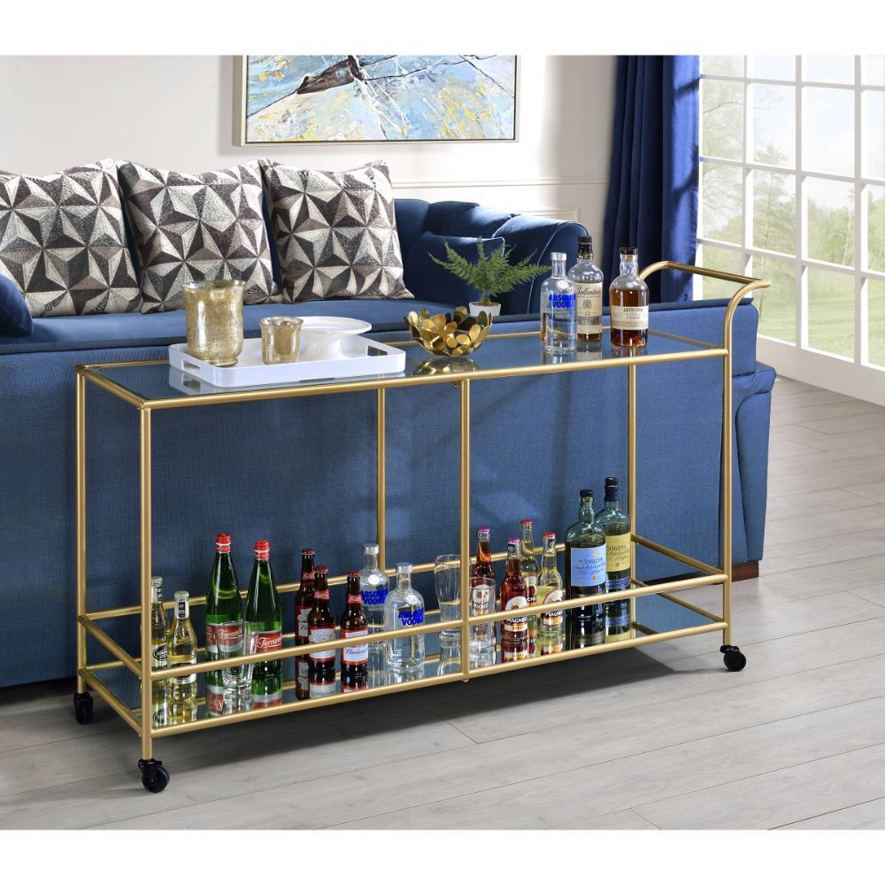 Designed to add luxurious and sophisticated touch to your dining area, this Kenda serving cart is a great option for keeping your favorite bottles in easy reach. The top shelf is crafted with 5mm tempered clear glass and the bottom shelf is mirrored. The 