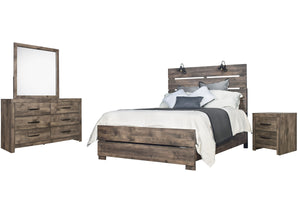 Introducing the Misty Lodge 4-Piece Bedroom Set in Greige, a stunning ensemble that elevates your bedroom with modern industrial charm and timeless durability. This comprehensive set includes a Bed, Dresser, Mirror, and Nightstand, meticulously crafted fo