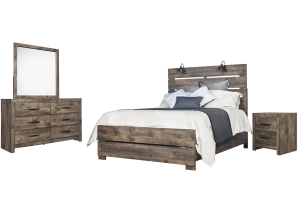 Introducing the Misty Lodge 4-Piece Bedroom Set in Greige, a stunning ensemble that elevates your bedroom with modern industrial charm and timeless durability. This comprehensive set includes a Bed, Dresser, Mirror, and Nightstand, meticulously crafted fo