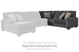 This right-arm facing sofa is made with polyester upholstery. Pairs with other items in the series to make a sectional.<br><br><b>Additional Dimensions</b><br><ul><li>Seat depth: 23-"</li><li>Seat height: 21-"</li><li>Arm height: 26-"</li><li>Leg height: 