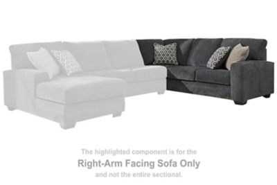 This right-arm facing sofa is made with polyester upholstery. Pairs with other items in the series to make a sectional.<br><br><b>Additional Dimensions</b><br><ul><li>Seat depth: 23-"</li><li>Seat height: 21-"</li><li>Arm height: 26-"</li><li>Leg height: 