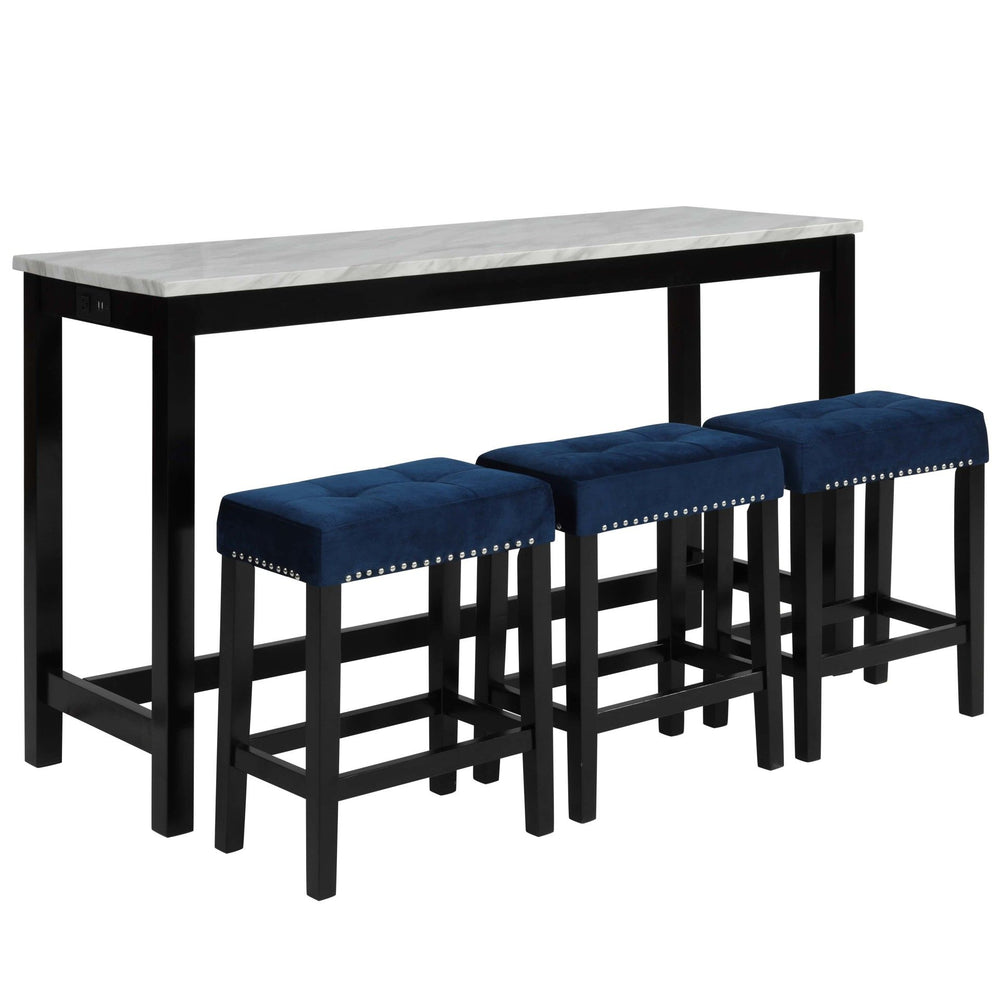 The Celeste 4-Piece Theater Bar Table Set is the epitome of contemporary design seamlessly blended with functional features. This set includes a 60-inch counter table and three royal blue velvet stools, all adorned with an espresso base and a faux marble 