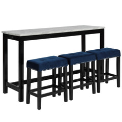 The Celeste 4-Piece Theater Bar Table Set is the epitome of contemporary design seamlessly blended with functional features. This set includes a 60-inch counter table and three royal blue velvet stools, all adorned with an espresso base and a faux marble 