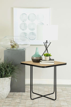  this square accent table makes a sophisticated statement in any space. The travertine stone tabletop adds a touch of natural beauty