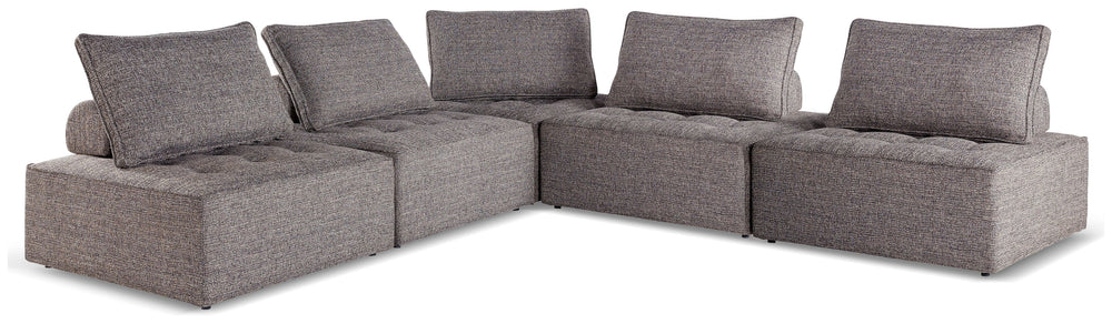 This modular seating set seeks to bring serenity to your outdoor seating area. Channeling Japandi and casual contemporary aesthetics, its low profile encourages laid-back living without sacrificing sophistication. The included back cushions complete momen