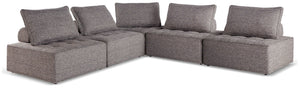 This modular seating set seeks to bring serenity to your outdoor seating area. Channeling Japandi and casual contemporary aesthetics, its low profile encourages laid-back living without sacrificing sophistication. The included back cushions complete momen