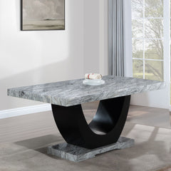 The Caralin dining set brings elegance and modern flair to any dining room. The rectangular table features a thick, engineered stone top with a U-shaped base, creating a stunning focal point. The fixed table top offers stability, while the upholstered cha