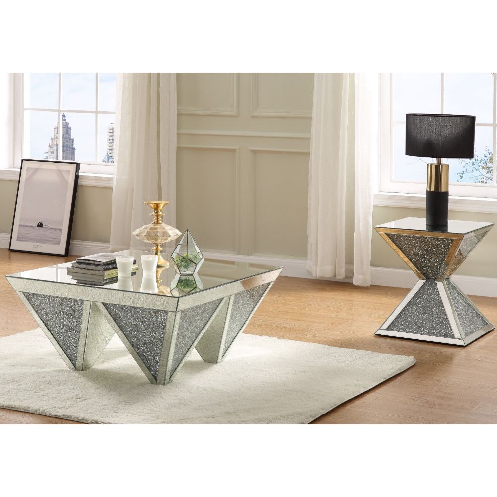 Assembled, Square Coffee Table â€¢ NO Storage â€¢ Features: Mirrored Top, Geometric Base w/Faux Diamonds Inlay & Clear Glass â€¢â€¢ CONSTRUCTION â€¢â€¢ Mirrored Top: Beveled Mirror, MDF â€¢ Mirrored Geometric Base: 4 Inversed Pyramids with Beveled Mirror 