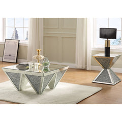 Assembled, Square Coffee Table â€¢ NO Storage â€¢ Features: Mirrored Top, Geometric Base w/Faux Diamonds Inlay & Clear Glass â€¢â€¢ CONSTRUCTION â€¢â€¢ Mirrored Top: Beveled Mirror, MDF â€¢ Mirrored Geometric Base: 4 Inversed Pyramids with Beveled Mirror 