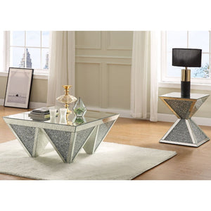 Assembled, Square Coffee Table â€¢ NO Storage â€¢ Features: Mirrored Top, Geometric Base w/Faux Diamonds Inlay & Clear Glass â€¢â€¢ CONSTRUCTION â€¢â€¢ Mirrored Top: Beveled Mirror, MDF â€¢ Mirrored Geometric Base: 4 Inversed Pyramids with Beveled Mirror 