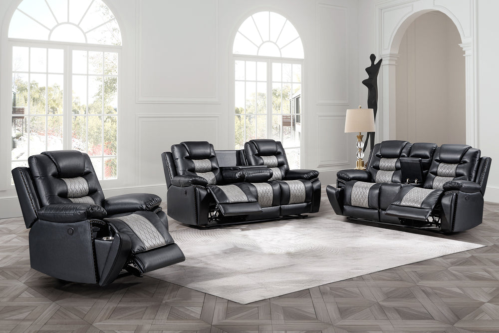 Transform your living space with the Nikko 3 Piece Power Motion Upholstery Set, featuring a dual reclining sofa, console loveseat, and glider recliner with power footrests and hidden cup holders. This comprehensive set includes a sofa, loveseat, and glide