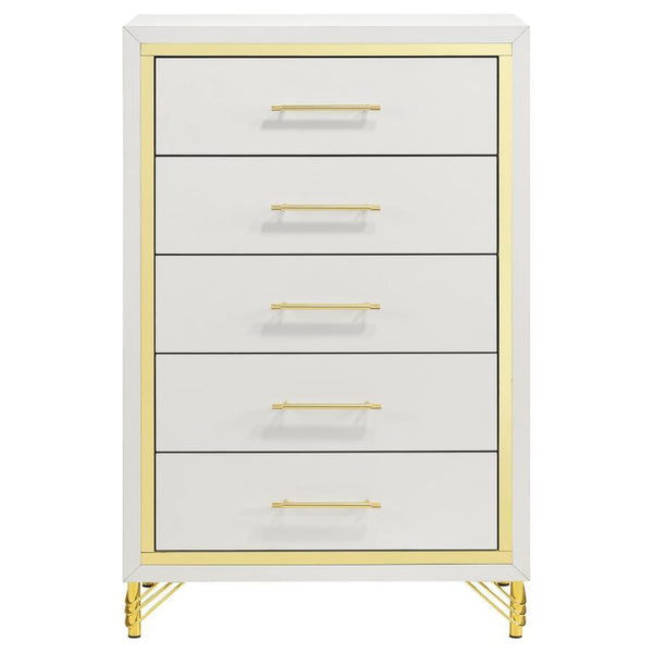  offering plenty of storage with five roomy drawers that host everything from clothing and accessories to linens a
