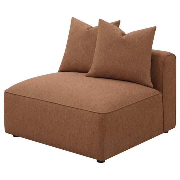  thick cushion and matching throw pillows. Self-welt trim along the seat edge an