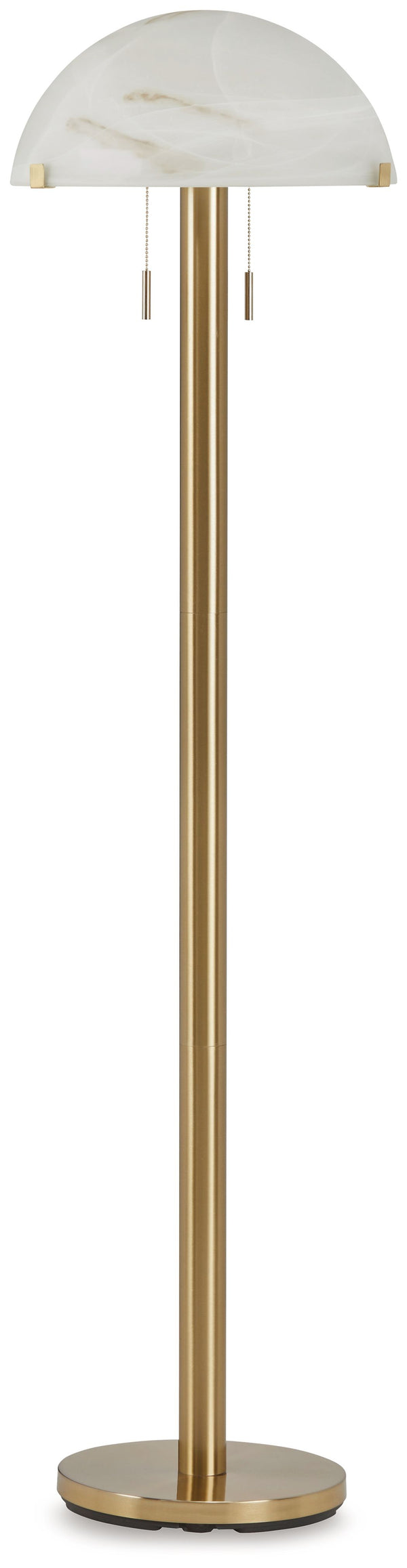 This floor lampâ€™s art deco-inspired design makes it an easy statement piece. A glass dome shade provides soft ambient light, while pull chains and a brass-tone finish add classic flair. Itâ€™s a delightful choice for vintage-inspired spaces where wattâ€