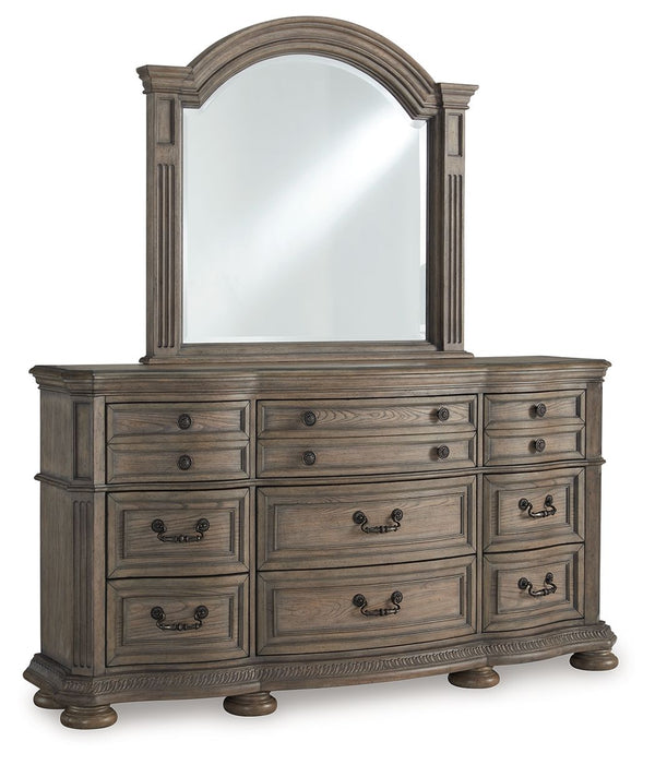 Merging traditional elegance with modern comfort, this dresser with mirror takes your bedroom retreat to the next level. Serpentine curves, thick profiled tops and a glazed antiqued-look finish radiate timeless sophistication. Drawers of various sizes are