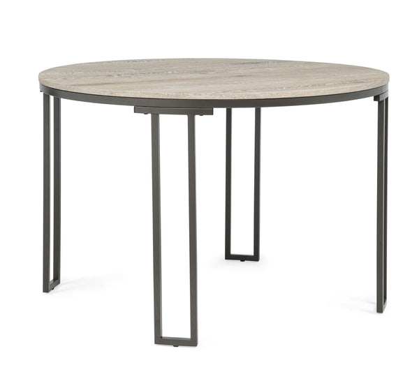 Bring style and comfort to your dining space with this chic and modern set. The round tabletop features a beautiful woodgrain finish, adding warmth and character to any room. Supported by a sturdy metal frame with a sleek, open design, it blends durabilit
