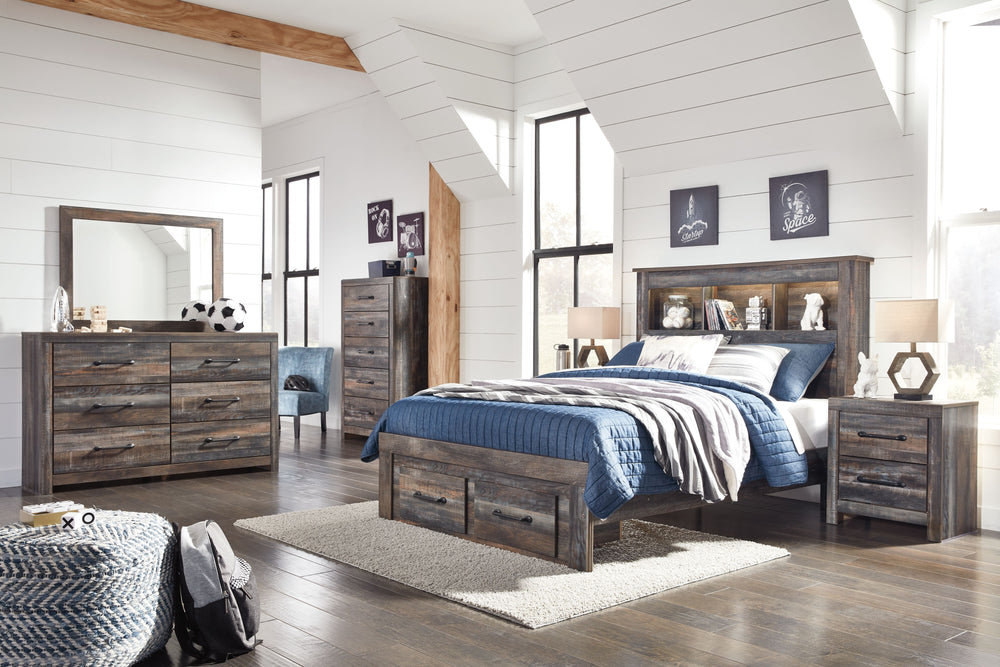 When merged in just the right way, rustic and industrial styles can make one happy marriage. Case in point: this full bookcase bed with storage. A refined take on barn board beauty, its complex, replicated wood grain showcases hints of burnt orange and te