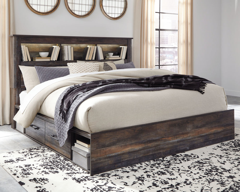 When merged in just the right way, rustic and industrial styles can make one happy marriage. Case in point: this king bookcase bed with storage. A refined take on barn board beauty, its complex, replicated wood grain showcases hints of burnt orange and te