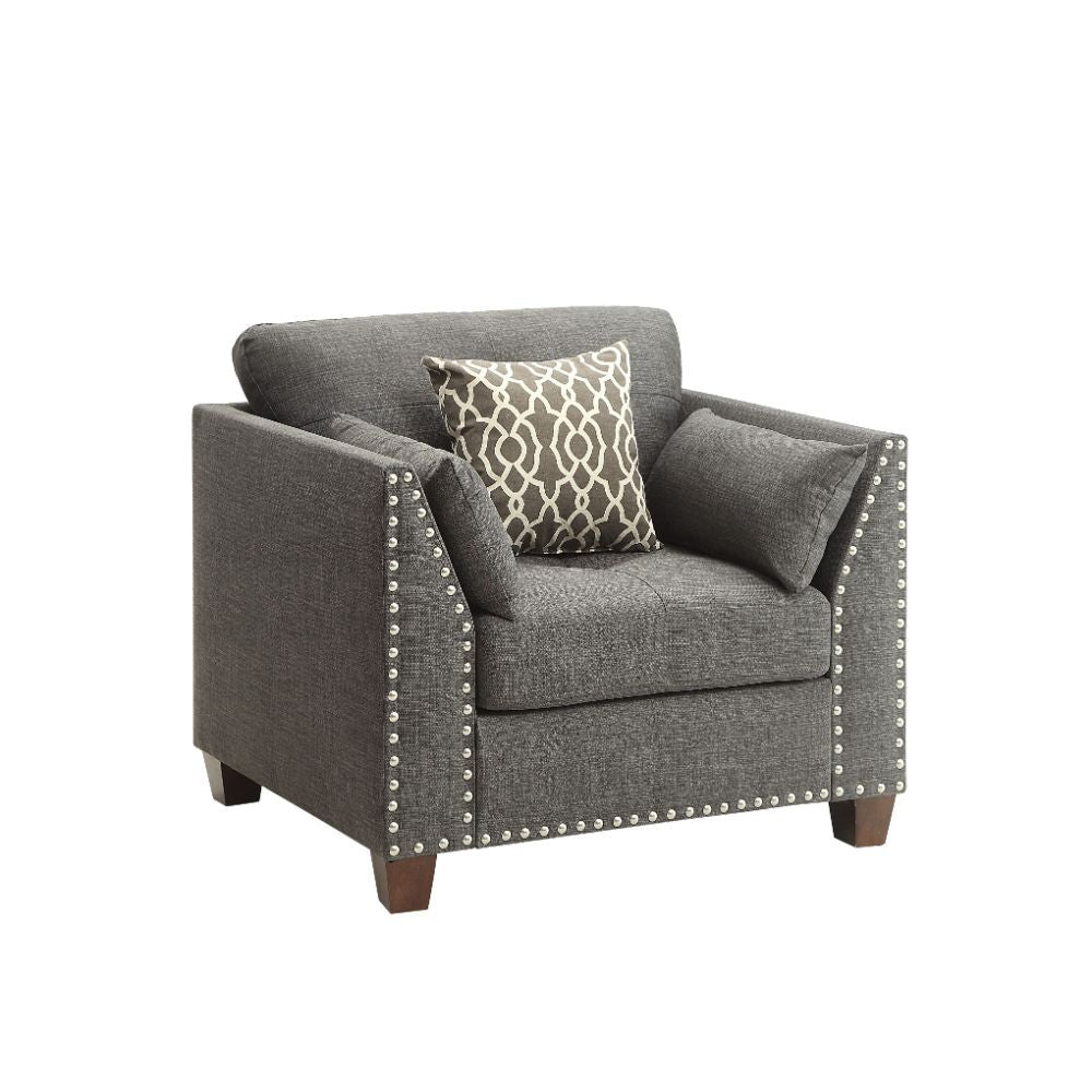 KD, w/3 Pillows Features: Buttonless Tufted (Back/Seat), Nailhead Trim (Armrest/Base) Loose Back & Seat Cushion (3+3) Backrest Style: Cushion Seat Construction: Pocket Coil, Inside Frame: Wood, Ply, Foam