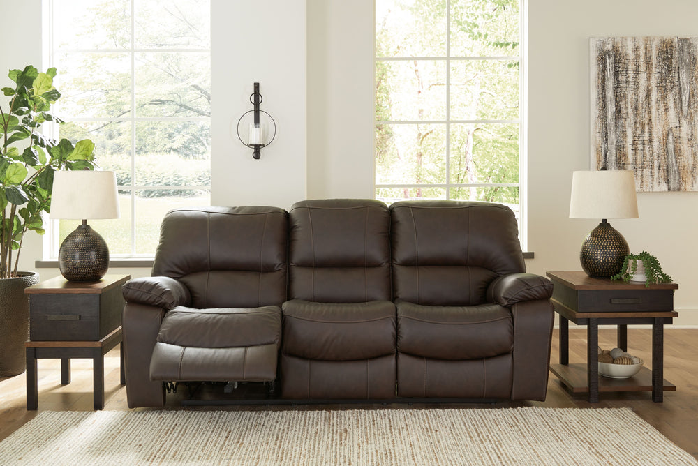 Focus on function. This practical power reclining sofa balances contemporary character and irresistible comfort. Its affordable, expertly matched leather and faux leather upholstery keeps your style up to speed without breaking the bank. Reclining with th