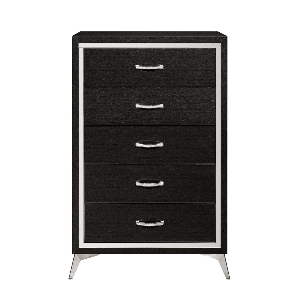 The Huxley 5-Drawer Chest in Black combines contemporary glam with durable construction for a stylish addition to your bedroom. This vertical dresser is crafted from manufactured woods and eco-friendly decorative laminate, ensuring it will stand the test 