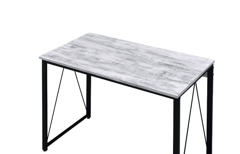 Simple, bold, and appealing, the Zaidin Desk will give your workplace a distinct look with rustic industrial style. Founded atop a black-finished metal base that is accented with reverse -"V-" shaped support, the distressed wooden table with minimal detai