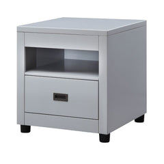 Assambled, Square End Table Storage: Top Compartment, 1 Drawer Wooden Case-Frame Round Leg CONSTRUCTION Wooden Top/Case-Frame & Drw: Poplar Wood, Veneer, MDF Round Leg, Leg Size: 2-" (50mm) Drawer: GLIDE Center Wood (Undermount, 2/3 Ext.), DOVETAIL Englis