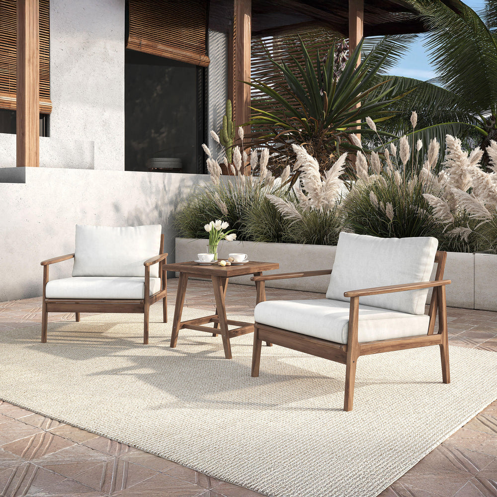 The Ashton 3-Piece Patio Set in natural, featuring two elegant club chairs and a matching end table, offers the perfect blend of durability, comfort, and modern design for any outdoor space. Expertly crafted from FSC-Certified Acacia solid wood, this set 