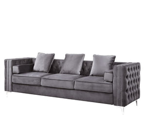 The Bovasis sofa and ottoman are ideal for smaller spaces. In a contemporary design featuring nailhead trim and sturdy metal legs. The beautiful velvet upholstery is soft to the touch and the button tufting adds dimension to the sofa. Pair it with the mat