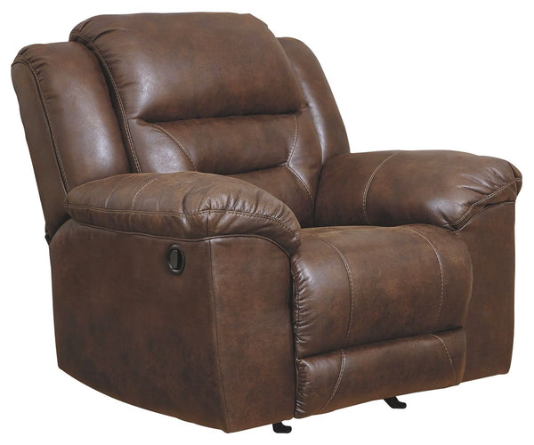 For those who love the cool look of leather but long for the warm feel of fabric, this rocker recliner delivers both with ease. Its high-performance padded faux leather is remarkably durable and easy to clean, making it just the thing for family spaces. C