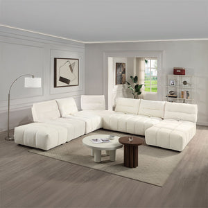 The Loanna collection modular sofa with its beige linen and coral red linen upholstery, offers versatile comfort and style. Its adaptable design allows for multiple configurations, making it perfect for any living space. The combination of neutral and vib