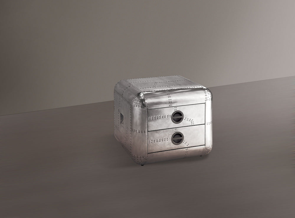The Brancaster end table is the perfect statement piece and goes well with leather upholstery. This square trunk designed aluminum end table is designed with a mid-20th century aircraft in mind and features rounded corners, two Felt-Lined drawers with sel