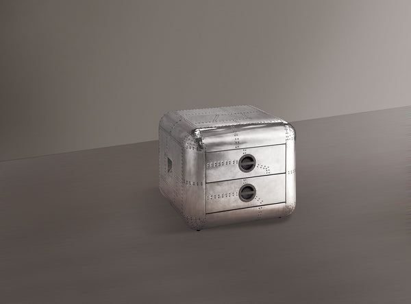 The Brancaster end table is the perfect statement piece and goes well with leather upholstery. This square trunk designed aluminum end table is designed with a mid-20th century aircraft in mind and features rounded corners, two Felt-Lined drawers with sel