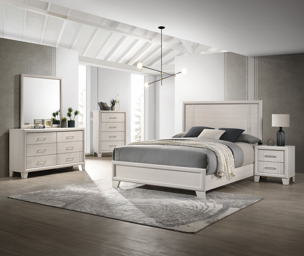 This elegant bedroom collection presents a sophisticated ensemble perfect for creating a refined modern aesthetic in your sleeping quarters. The suite features a sleek, minimalist design with crisp, clean lines and a lustrous white finish that exudes cont