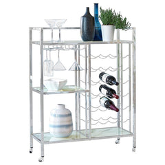 Grace your space with the endless elegance this metal serving cart has to offer. With a stemware rack and space for 24 wine bottles, it-'s the perfect addition to a wine lover-'s home. Sleek metal lines in a gleaming chrome finish give it a polished look 