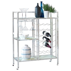 Grace your space with the endless elegance this metal serving cart has to offer. With a stemware rack and space for 24 wine bottles, it-'s the perfect addition to a wine lover-'s home. Sleek metal lines in a gleaming chrome finish give it a polished look 