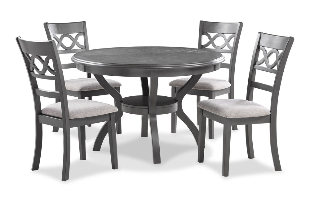 The graceful Cori 5 Piece Dining Table and Chair Set is built with durability and comfort in mind. This dining set provides spacious seating for four and a handy storage shelf located under the table top to store dinnerware or decor. The dining table apro