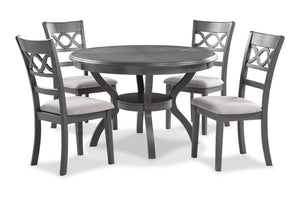 The graceful Cori 5 Piece Dining Table and Chair Set is built with durability and comfort in mind. This dining set provides spacious seating for four and a handy storage shelf located under the table top to store dinnerware or decor. The dining table apro