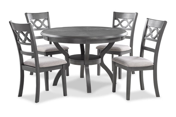 The graceful Cori 5 Piece Dining Table and Chair Set is built with durability and comfort in mind. This dining set provides spacious seating for four and a handy storage shelf located under the table top to store dinnerware or decor. The dining table apro