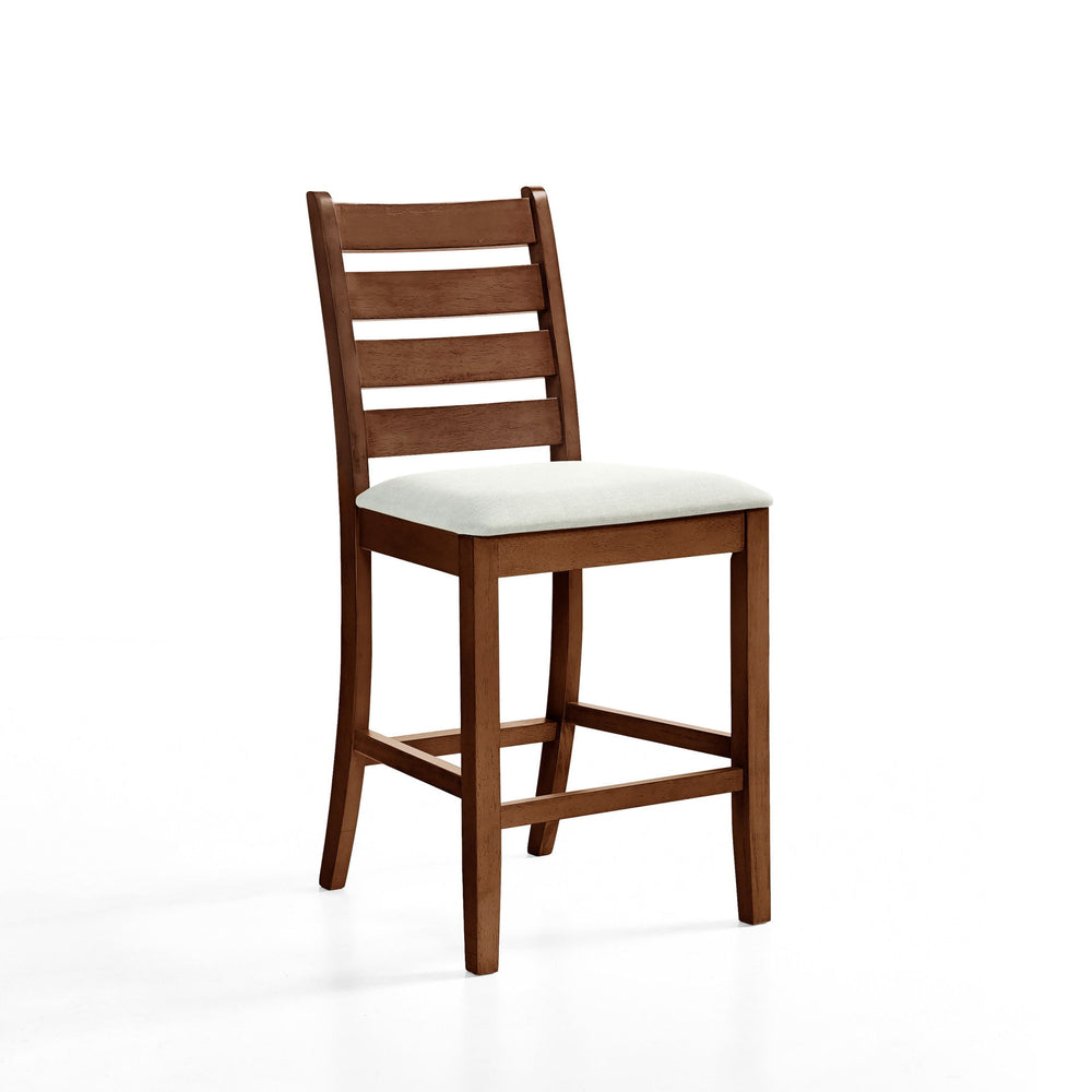 Introducing the Pascal Ladderback Counter Chairs in warm Walnut Brown, a perfect blend of durability and style. Sold in sets of two, these counter-height chairs are crafted from solid Rubberwood and feature four base stretchers for enhanced stability, ens