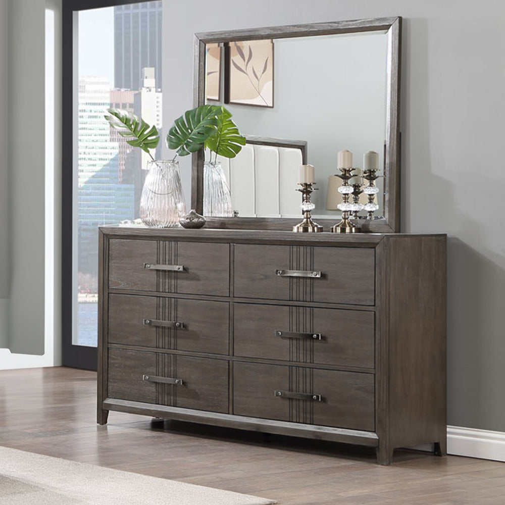 The Landon Two-Piece Dresser and Mirror Set is a perfect blend of durability, style, and functionality, designed to enhance any bedroom with its sophisticated appeal. Crafted from solid Pine, high-quality engineered woods, and genuine Mindi wood veneers, 