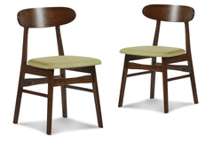 The New Classic Morocco Dining Chairs are a picture of Mid-Century Modern design with tapered legs, curved oval seatbacks, and classic walnut brown color. Easy care, green 100% polyester foam cushions provide comfortable seating. A perfect accent chair in