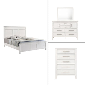 The Andover Wood 4-Piece Bedroom Set in White offers a perfect combination of durability, style, and functionality, making it an ideal choice for a complete bedroom upgrade. This set includes a Panel Bed, Dresser, Mirror, and Chest, all expertly crafted f
