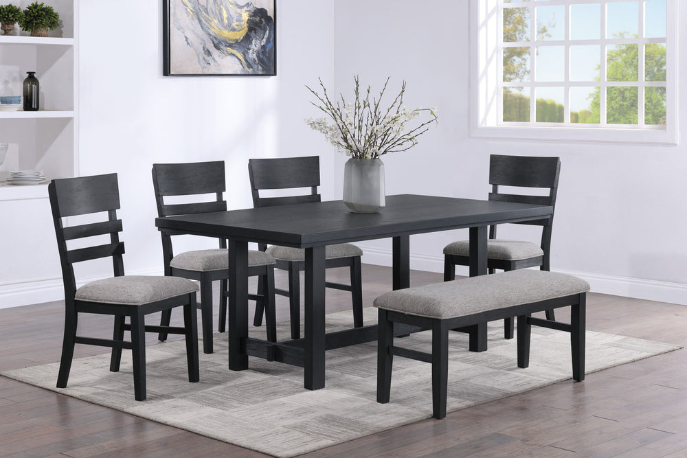 Elevate your dining experience with this contemporary dining group, where modern design meets rustic charm. Crafted with a rich, dark finish, the spacious rectangular table offers ample room for both intimate dinners and festive gatherings. The subtle gra