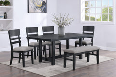 Elevate your dining experience with this contemporary dining group, where modern design meets rustic charm. Crafted with a rich, dark finish, the spacious rectangular table offers ample room for both intimate dinners and festive gatherings. The subtle gra