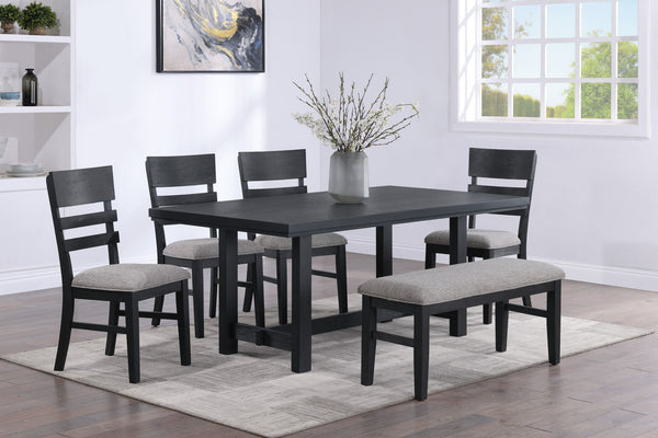 Elevate your dining experience with this contemporary dining group, where modern design meets rustic charm. Crafted with a rich, dark finish, the spacious rectangular table offers ample room for both intimate dinners and festive gatherings. The subtle gra