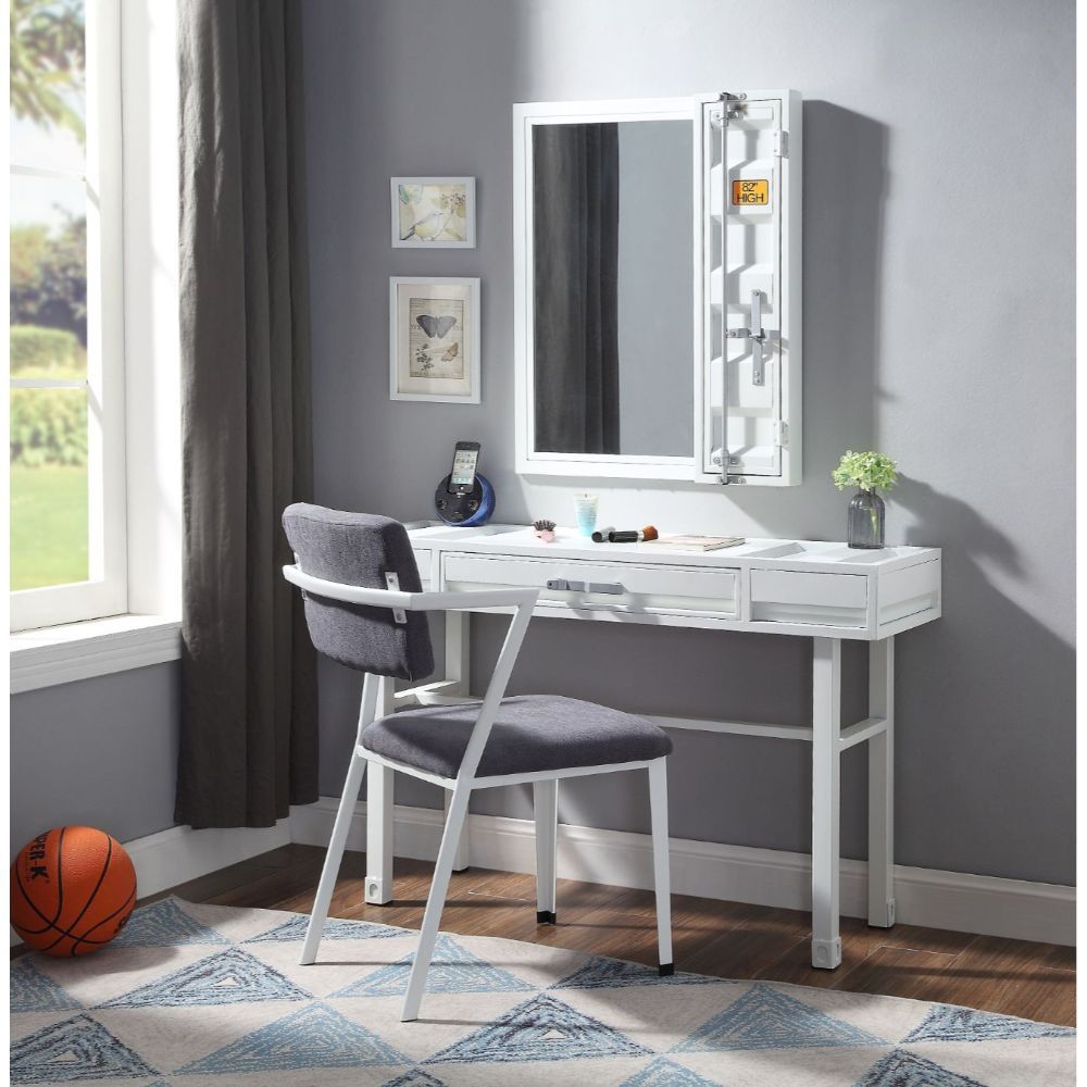 KD, Rectangular Vanity Desk Storage: 1 Drawer Feature: Metal Frame, Recessed Panels (Cargo Container Panels) CONSTRUCTION Metal Top: Iron Plate (40 x 40mm), Drawer w/Wood Metal Straight Legs Drawer: GLIDE Side Metal (Ball Bearing, 3/4 Ext.), DOVETAIL NOT 