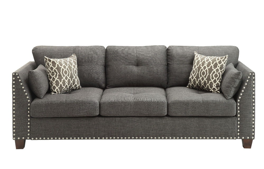 Makes a chic addition to your living room or office. This Laurissa Nailhead sofa group features tufted button on the cushion, clean lines with a well-padded seat and back. Fully upholstered with finely threaded linen and constructed with solid wood, this 